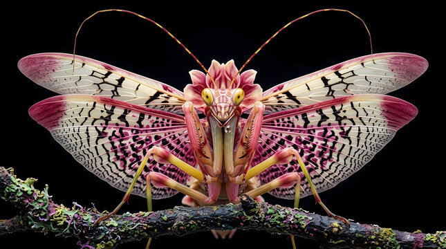 Orchid mantis with open wings. Macro shot of a beautiful pink insect on a branch.