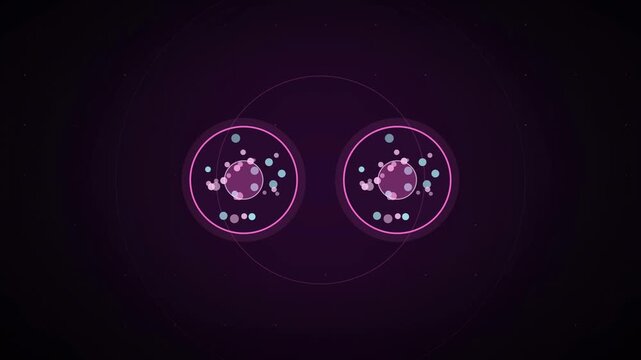 Abstract animated cell dividing under observation drawn as violet and blue glowing lines and dots on a deep dark background. Clean minimal motion graphics element with free space around it, ideal for 