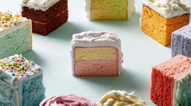 A commercial composition featuring wacky cake arranged around frame borders while maintaining a clean center for branding