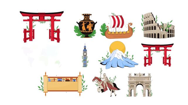 World landmarks and cultural heritage cartoon animation set. Ancient artifacts. Famous destinations. Historical monuments animated flat 2D objects 4K video isolated on white, scenes pack