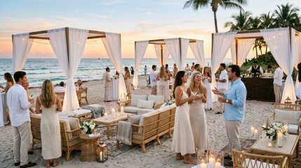 Obraz premium Elegant beach party with white tents and tropical sunset ambiance