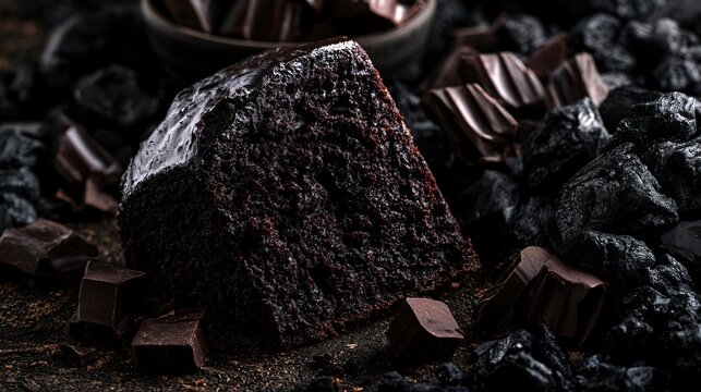 A dark charcoal composition emphasizing wacky cake through dramatic contrast lighting and rich chocolate textures