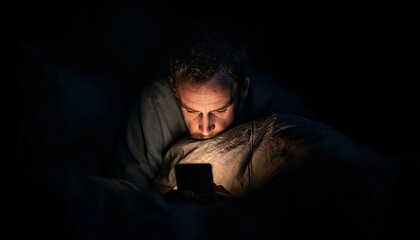 Obraz premium Man Browsing on Smartphone Late at Night in Cozy Bedroom, Engaging with Social Media and News