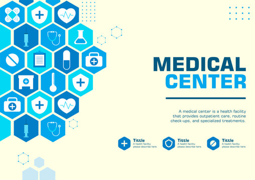 This vector art design showcases various health-related icons, including hospital, medical process, all arranged in a cohesive, modern style for healthcare