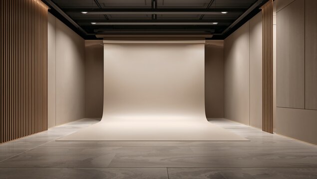 Modern professional photo studio background with cyclorama wall and warm wood paneling