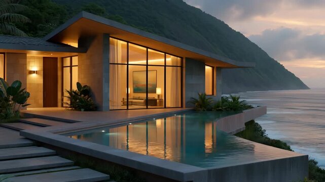 Modern cliffside house with illuminated infinity pool at dusk