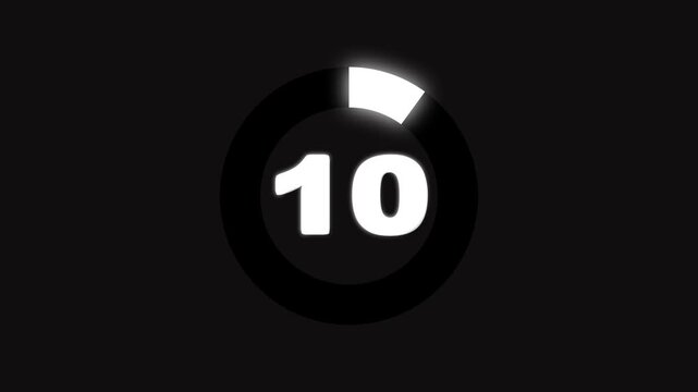 Simple animation of 10 seconds countdown timer circle on black background, 4 k animation