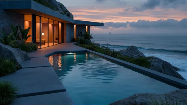 Minimal cliffside house with pool overlooking ocean at sunset