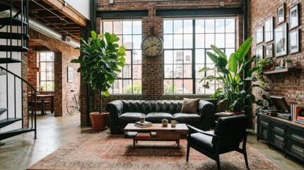 Fototapeta premium Industrial loft living room with exposed brick and large windows