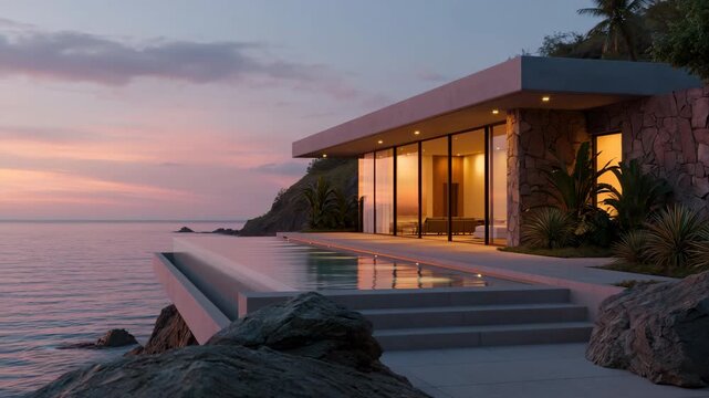 Contemporary house by infinity pool next to ocean sunset
