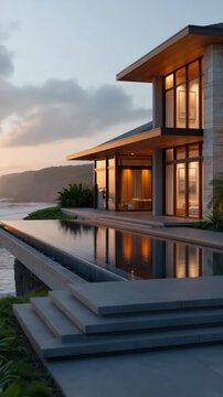 Modern coastal house lit at sunset with infinity pool