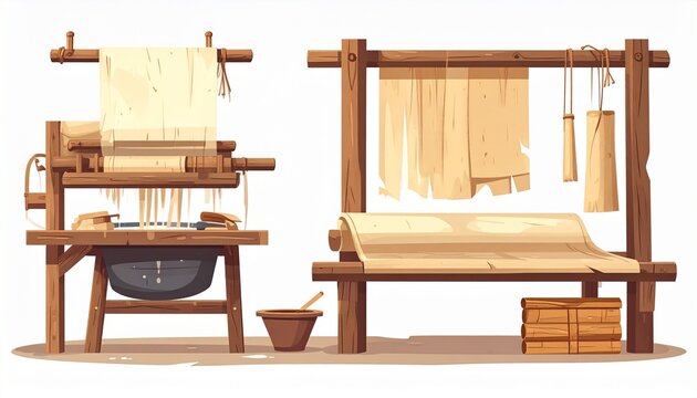 Traditional Wooden Weaving Looms in Rustic Workshop Setting.