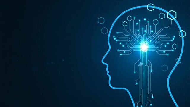 Artificial intelligence concept of glowing circuit board brain inside human head silhouette.