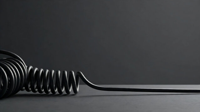 Minimalist close-up of a black coiled electrical cable stretching across a dark grey surface against a dark background