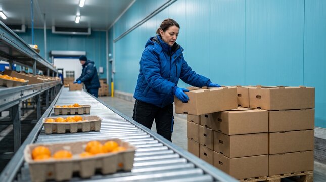 Worker transfers orchard fruit through a refrigerated sorting lane