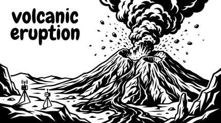 volcanic eruption elements featuring erupting volcano lava flows ash clouds volcanic bombs craters seismic monitoring stations and geological symbols for earth science education and disaster © Ethan