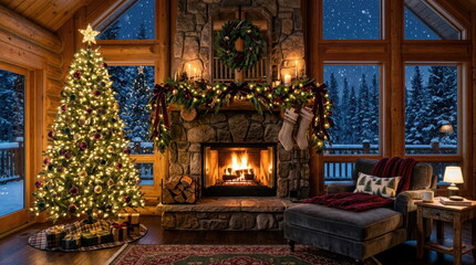 Fototapeta premium Cozy log cabin interior decorated for Christmas with a roaring fireplace