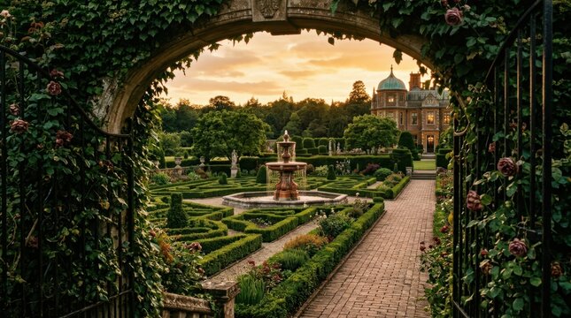 Ornate formal garden with fountain and mansion at sunset