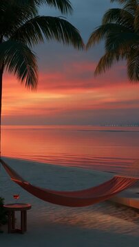 Hammock suspended between palms overlooking calm ocean sunset