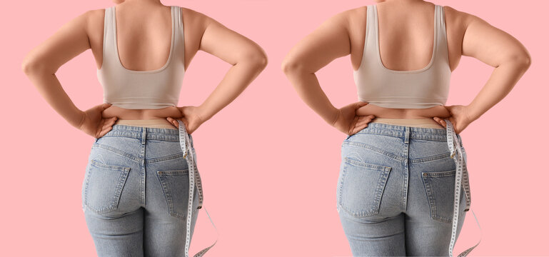 Woman's back view showing excess fat on waist and hips, before and after weight loss concept, body transformation and health journey