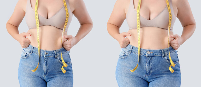 Woman pinching her belly fat with a measuring tape, before and after weight loss concept, body transformation and healthy lifestyle