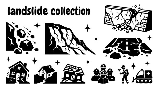 landslide disaster elements featuring falling rocks unstable hills collapsed roads damaged houses retaining walls emergency crews warning signs and geological hazard vector illustration set