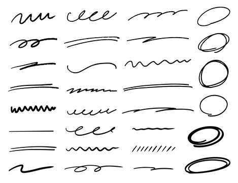 手描きのシンプルなラインと丸つけ素材セット 黒