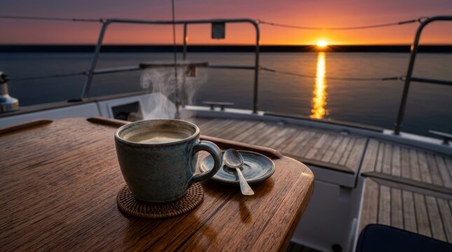 Steaming cup of coffee on a boat deck at sunrise with ocean reflection