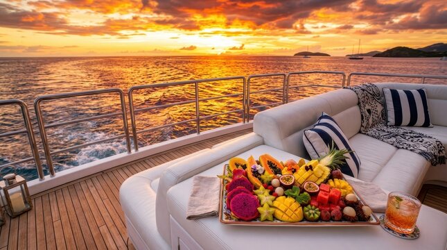Luxury yacht deck at sunset with exotic fruit platter and cocktail