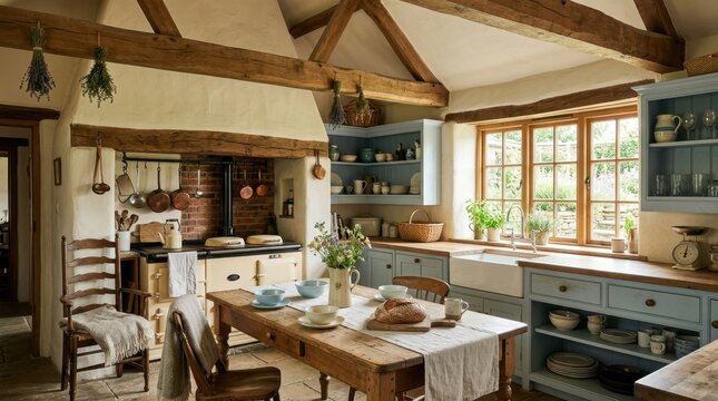 Cozy rustic kitchen with wooden beams and a large farmhouse table set for a meal
