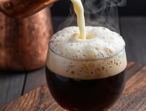 Dark beer glass being poured on wooden table near copper kettle
