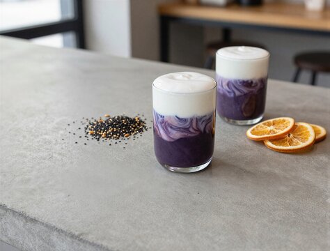 Two purple layered drinks on concrete counter with garnish