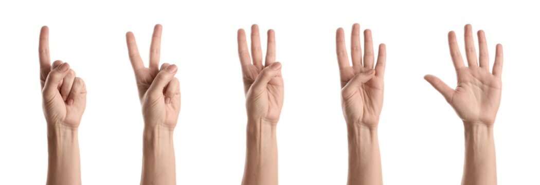 Human hands showing numbers one, two, three, four, and five with fingers, counting and communication