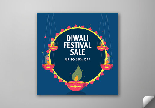Editable Diwali Festival Sale Social Media Post with Up to 50 Percent Off and Hanging Lit Oil Lamps (Diya) on Blue Background.