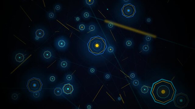 Smart Contract Seals: Abstract digital animation displaying glowing hexagonal cryptographic seals and nodes connected in a cyber network on a dark background
