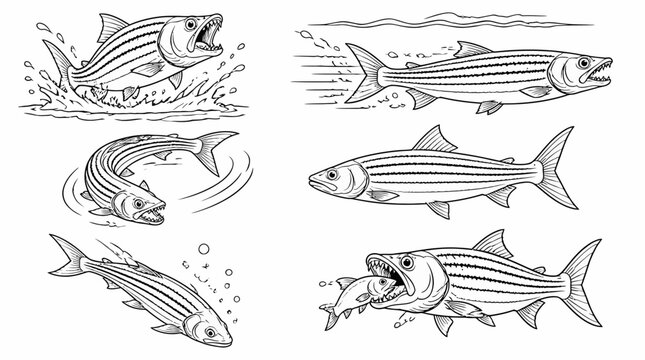 Striped Bass Fish Illustrations Set in Various Dynamic Poses
