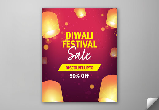Editable Diwali Festival Sale Social Media Post Template with 50 Percent Discount and Glowing Sky Lanterns on Red Bokeh Background.