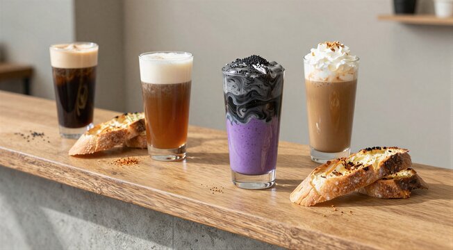 Variety of specialty drinks accompanied by toasted bread on counter