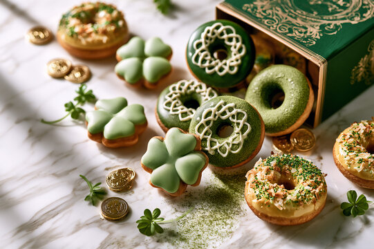 overturned green baker's box spilling shamrock donuts and gold coins