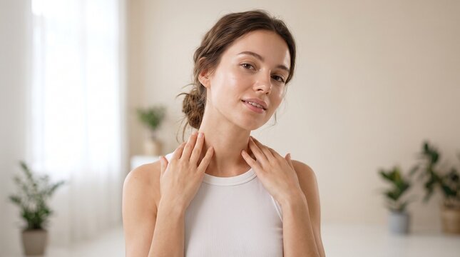 Beautiful young woman touching her neck with natural glowing skin and makeup.