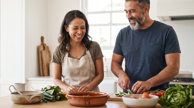 Lachendes Paar mittleren Alters schneidet gemeinsam frisches Gem&uuml;se in einer hellen K&uuml;che, gesunde Ern&auml;hrung und Freude am Kochen zu Hause, Zweisamkeit und Lifestyle