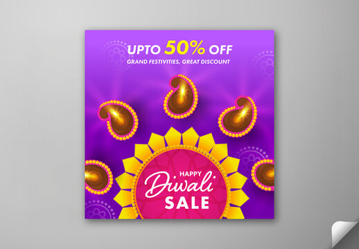 Editable Happy Diwali Festival Sale Social Media Post with Up to 50 Percent Off and Top View of Burning Oil Lamps (Diya) on Purple Background.