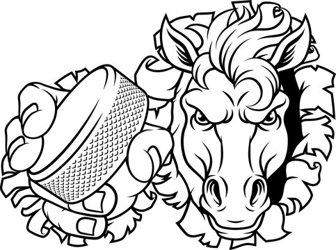 Horse mustang bronco stallion ice hockey angry sports team mascot holding a puck.