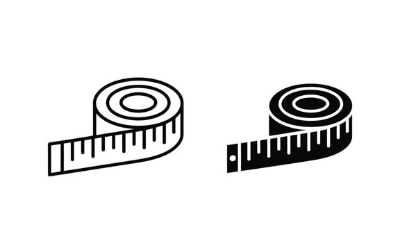 Measuring tape vector icon set showing rolled tailor tape measure in outline and filled style isolated on white background