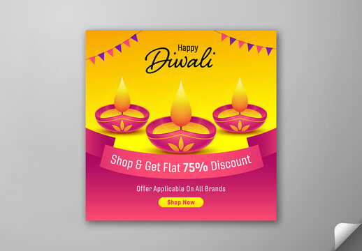 Editable Happy Diwali Festival Sale Social Media Post with 75 Percent Discount, Burning Oil Lamps (Diya) on Yellow and Pink Background.