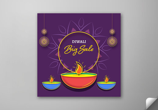 Editable Diwali Festival Big Sale Social Media Post Template with Glowing Diyas and Floral Hanging on Purple Background.
