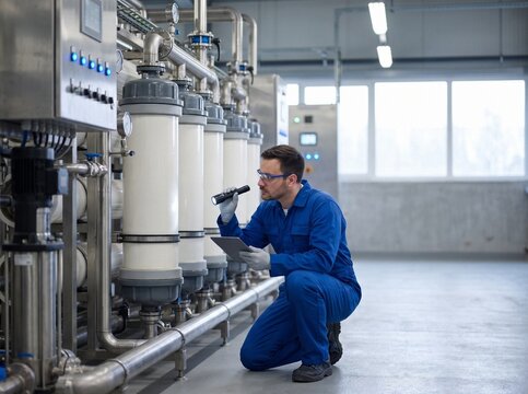Male technician in blue overalls inspecting industrial water filtration system with flashlight and digital tablet.