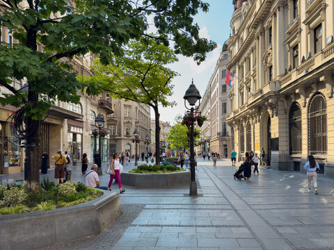 People walking along Knez Mihailova Street in Belgrade Serbia