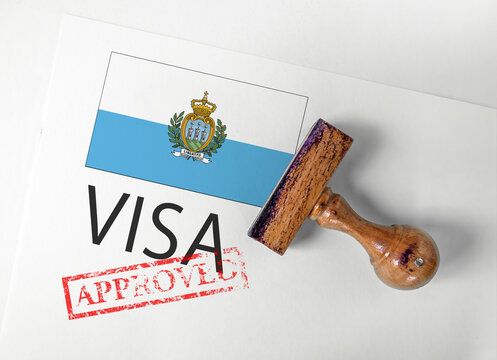 San Marino Visa Approved with Rubber Stamp and flag
