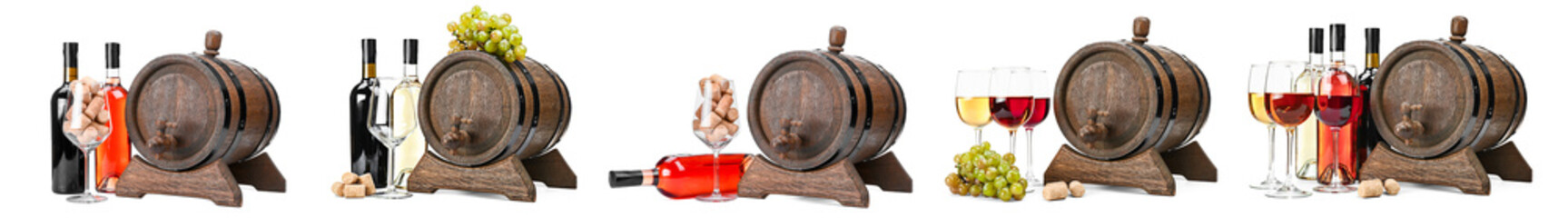 Obraz premium Wooden barrel with wine bottles and glasses on white background